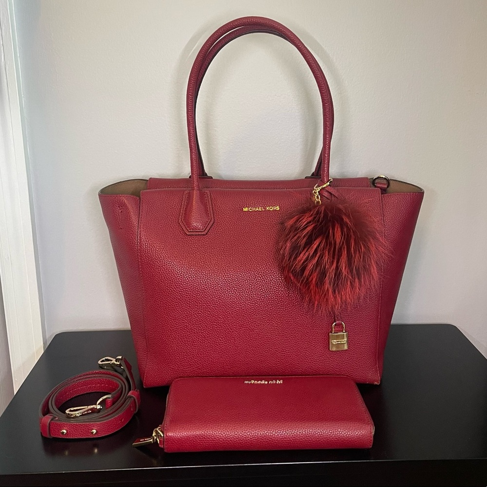 Michael Kors Large Pebbled Leather Tote Bag, Wristlet, and Pom Pom Keychain, Red
